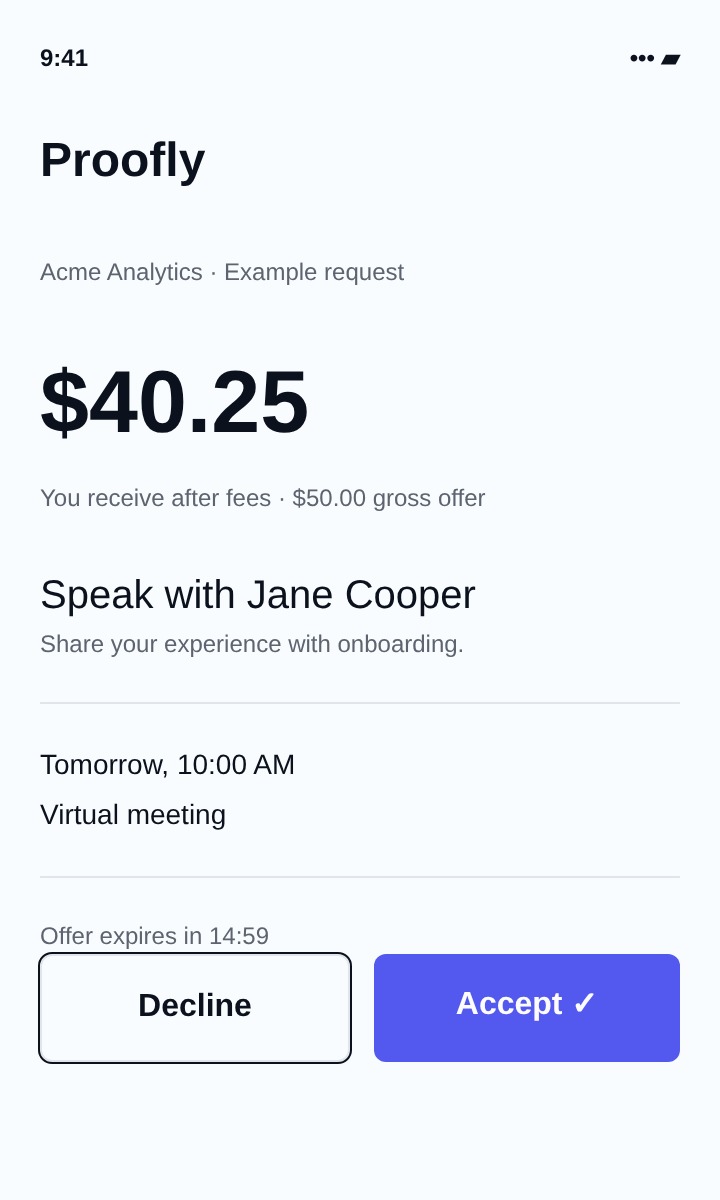 Example Proofly request showing the reward and Decline and Accept buttons
