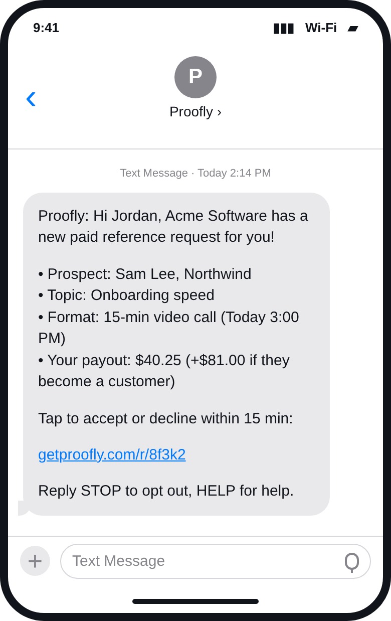 Example text message with a paid reference request