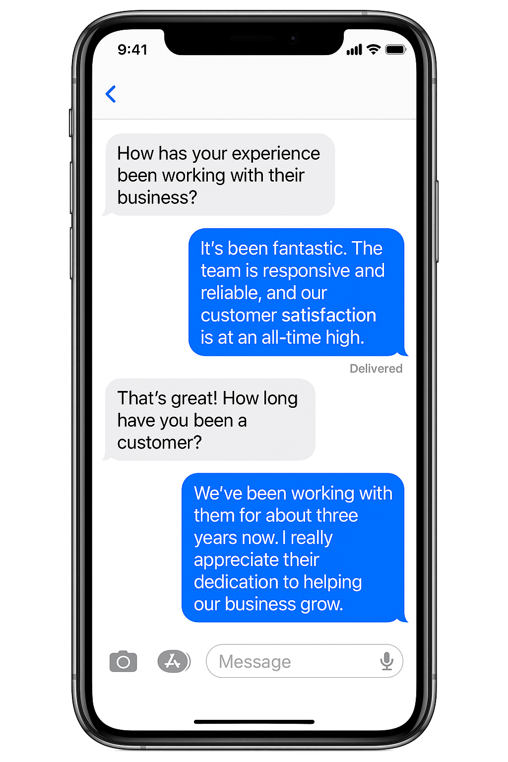 Text message exchange between prospect and reference